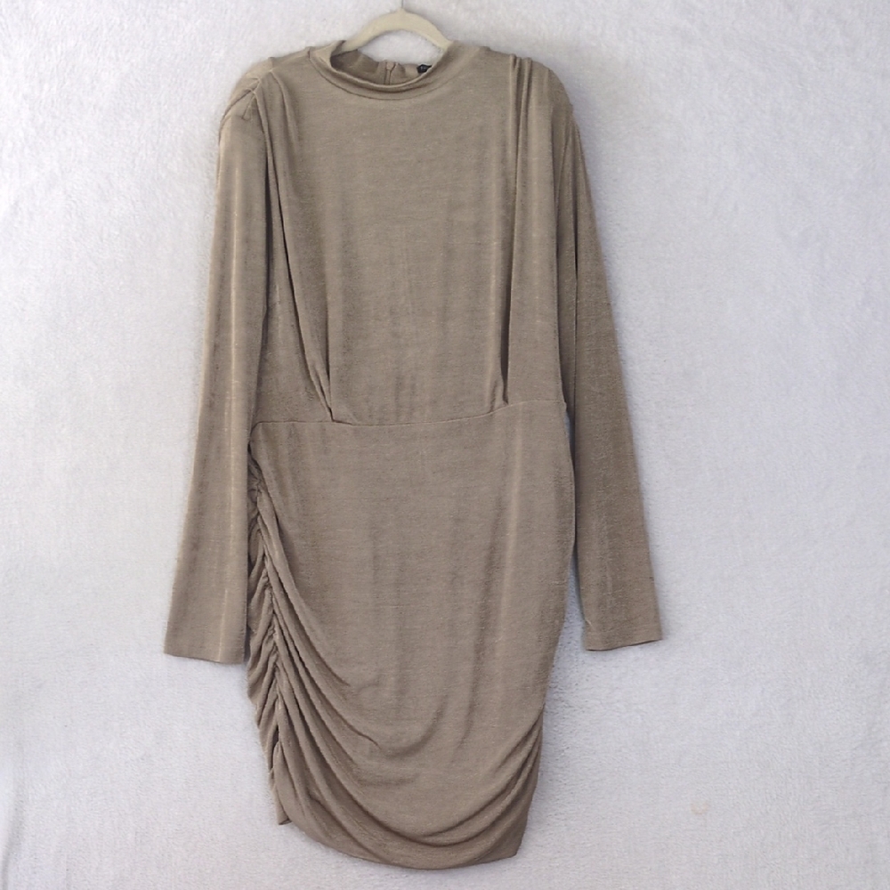 Fashion Nova Women's Tan Ruched Stretch Bodycon Long Sleeve Dress Size 2X